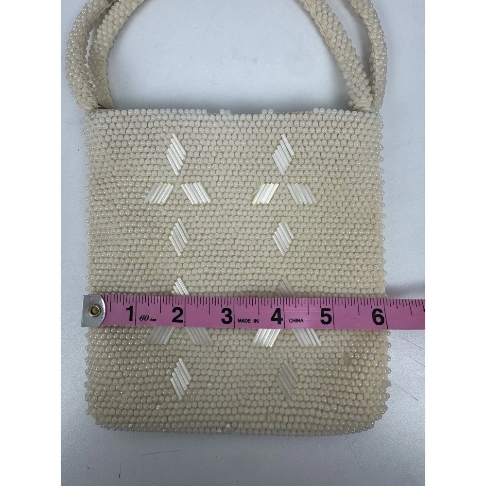 Vtg 1960s Beaded Cream Evening‎ Handbag Handmade Hong Kong Top Handle Purse